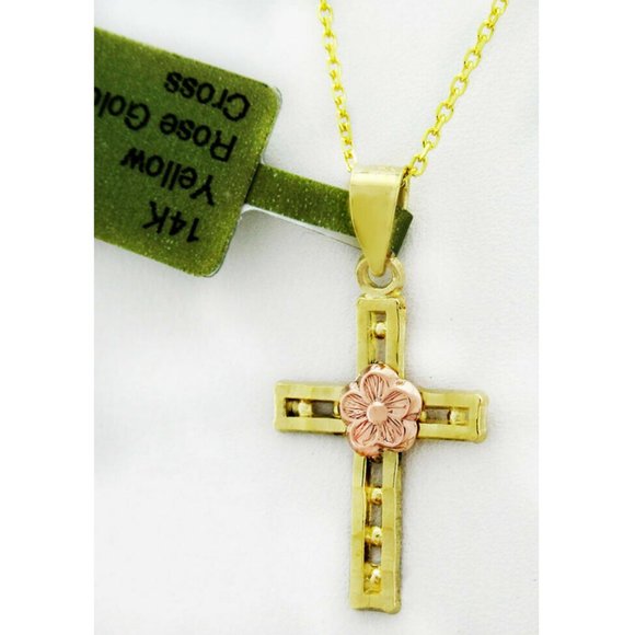 Cross Pendant Necklace 14k 2 Tones- Gold